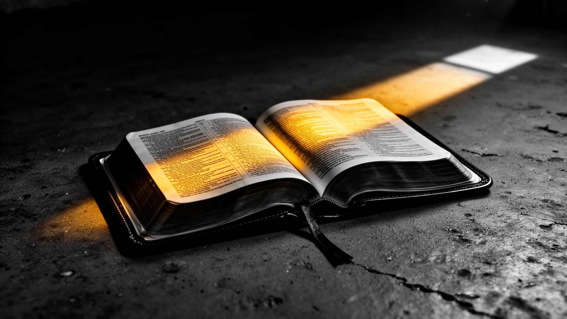 Open Bible illuminated by a single beam of golden light